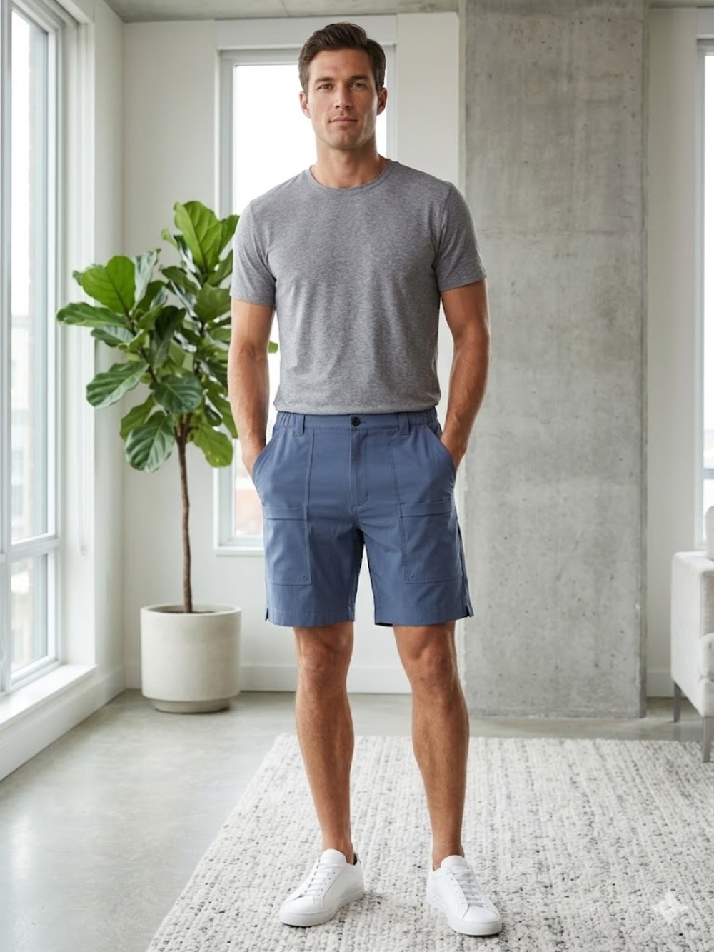 Carribbean Men's Slate Blue Performance Stretch Shorts, Flat Front, Size 38